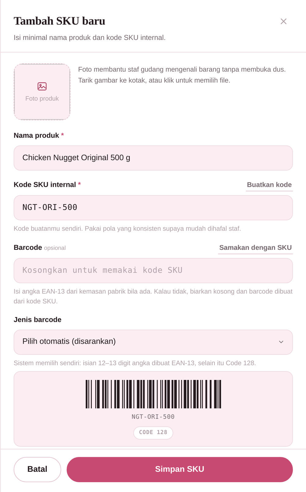 Panel tambah SKU dengan kolom nama produk, kode SKU, dan barcode terisi