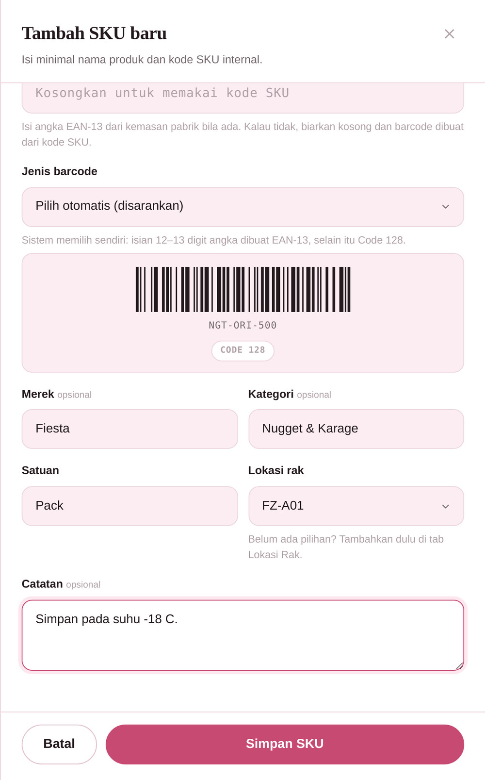 Pratinjau barcode yang terbentuk otomatis dari kode SKU, dengan label Code 128