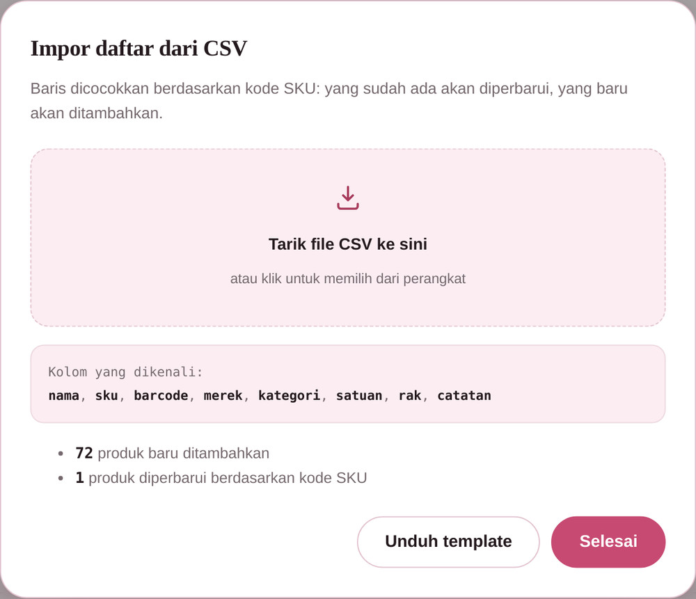 Laporan hasil impor menampilkan jumlah produk baru yang ditambahkan