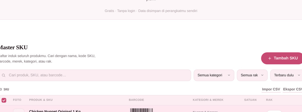 Bar aksi massal berwarna gelap menampilkan jumlah SKU terpilih dan tombol cetak, ekspor, serta hapus