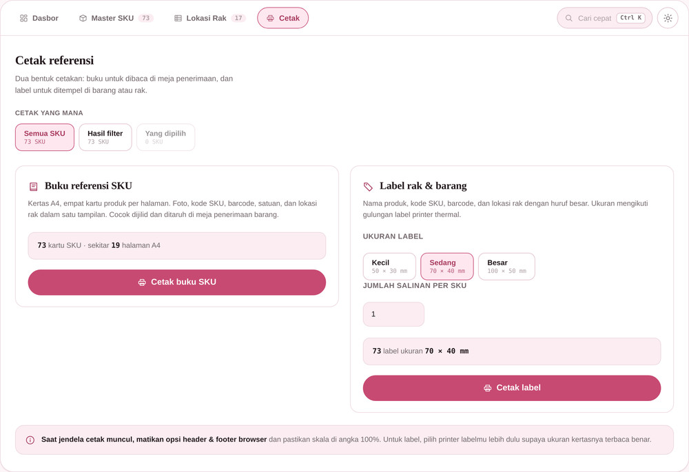 Tab Cetak dengan pilihan cakupan, kartu buku referensi SKU, dan kartu label rak beserta pilihan ukuran