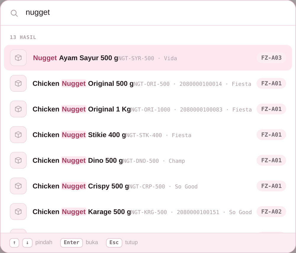 Jendela pencarian cepat menampilkan hasil untuk kata nugget