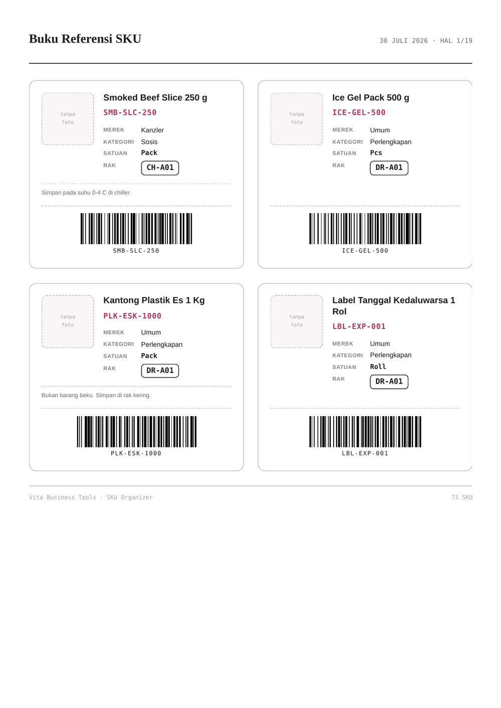 Hasil cetak buku referensi SKU pada kertas A4 berisi empat kartu produk dengan barcode