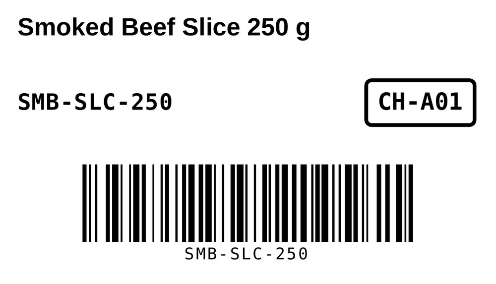 Hasil cetak label ukuran 70 kali 40 milimeter berisi nama produk, kode SKU, lokasi rak, dan barcode